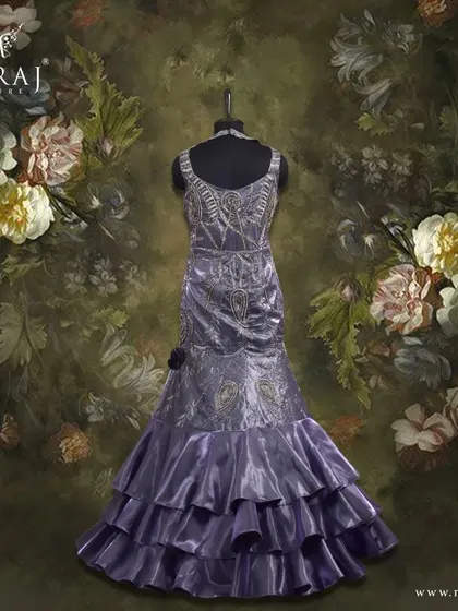 A close-up of the mermaid lavender gown, showcasing its chic halter neck and luxurious organza tissue.