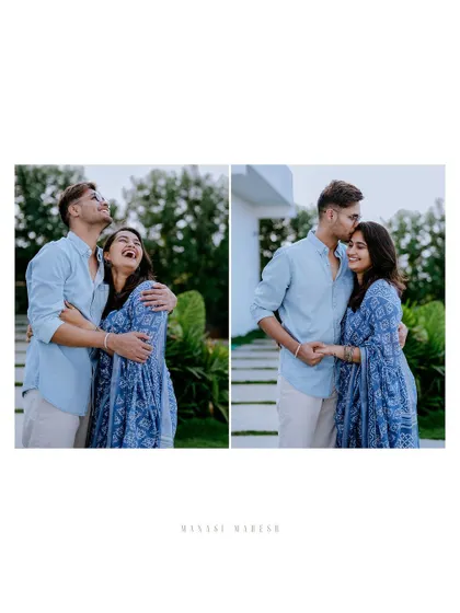 A diptych of the couple in a garden, one shot capturing their laughter and the other a tender forehead kiss.