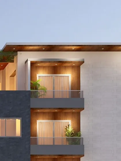 A close-up of the balconies, which feature a mix of wood-paneled walls and glass railings to create a warm yet modern feel.