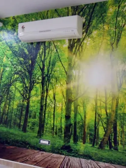 A sun-drenched forest mural brings light and nature indoors, creating a refreshing and uplifting atmosphere.
