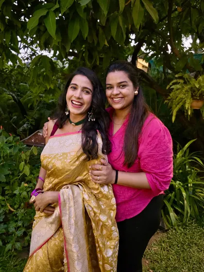A behind-the-scenes photo from the "Gudhi Shubhrambhachi" music video shoot, with me and the talented Jui Bhagwat.