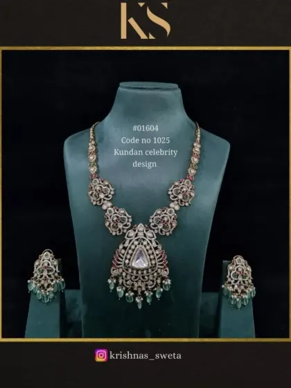 A beautiful variation of our celebrity Kundan set, combining ruby and mint green stones for a unique and colorful look.