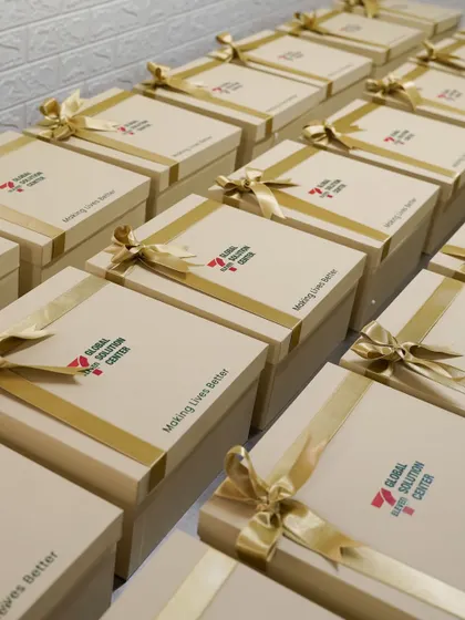 Rows of custom branded hampers ready for delivery. I take pride in helping companies like Global Solution Center show their appreciation through gifts that are both beautiful and meaningful.