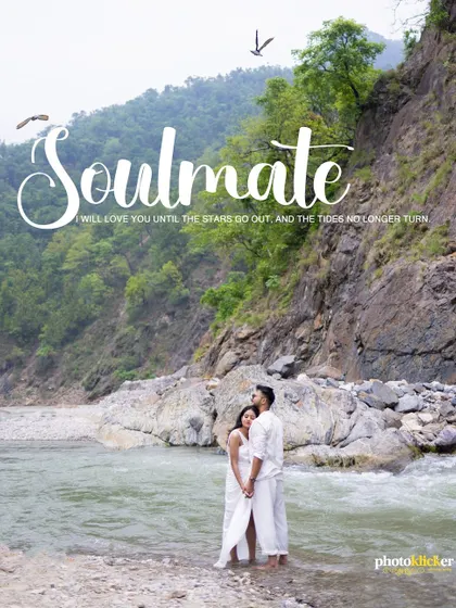An album-style page featuring a couple standing by the river with the word "Soulmate," perfectly capturing the essence of their connection.
