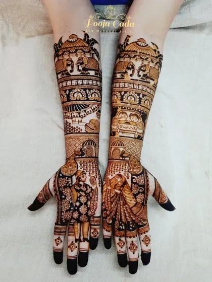 A customized bridal mehendi featuring a "Just Married" car, a doctor's symbol, and other personal elements that tell the story of the couple.