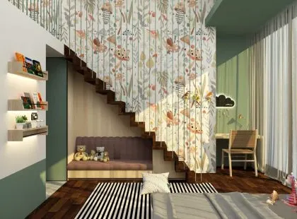 This whimsical children's bedroom uses the space under the stairs to create a cozy seating nook. The playful wallpaper and floating bookshelves make it a fun and imaginative space for a child to grow up in.