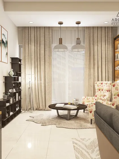 A cozy corner in a luxurious living room, featuring a floral armchair and a modern bookshelf. The design is a perfect blend of classic comfort and contemporary style.