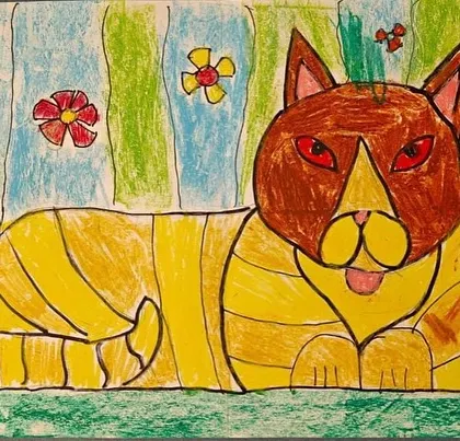 A stylized cat lying down. This lesson focuses on drawing animals in a resting pose and using patterns to create texture.