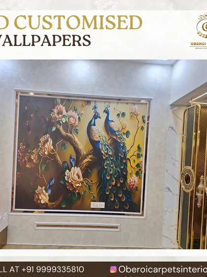A beautiful 3D customized wallpaper featuring a peacock and floral design, framed like a piece of art on the wall.