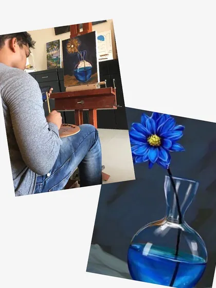 Here is a student working with oil paints to create a stunning still life of a blue flower in a glass vase. Oil painting allows for rich colors and smooth blending, perfect for capturing the subtle reflections and transparency of the glass.