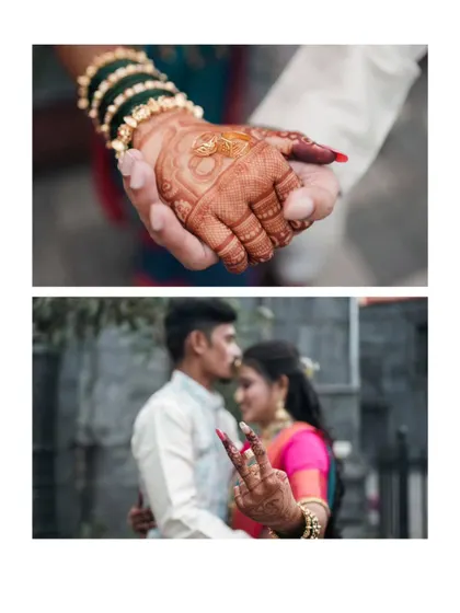 A collage showing the details of the engagement, from the holding of hands to the bride's happy pose.