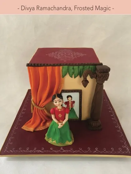 A closer look at my Indian folklore themed cake, "Neelaveni," as featured in Cake Masters magazine. The tutorial shared my techniques for creating the figurine and the traditional setting.