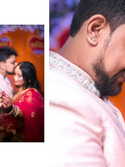This collage pairs a tender moment of the groom holding the rings with a close-up of his happy expression. It shows the emotion and anticipation leading up to the exchange.