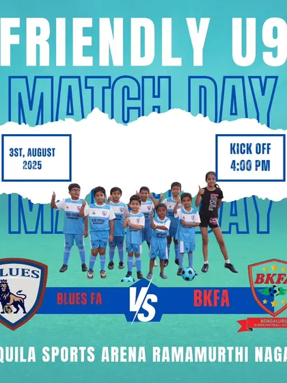 Fixture poster for a friendly U9 match day against Bengaluru Kumars Football Academy (BKFA).