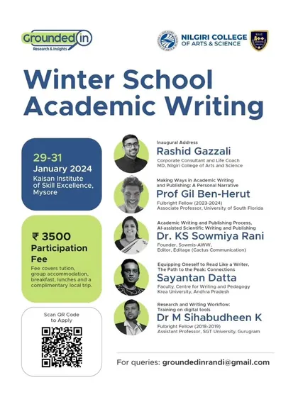 An event poster for the Winter School on Academic Writing in Mysore. I was part of a panel of scholars delivering hands-on training for early career researchers and PhD students.