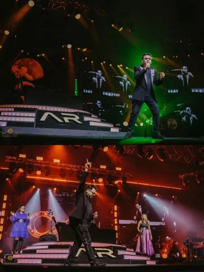 Two dynamic shots of A.R. Rahman commanding the stage during his performance. The vibrant lighting and his energetic poses are perfectly captured.