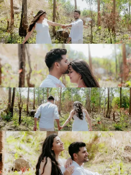 A walk in the woods becomes a romantic escape. I love using the soft, natural light filtering through the trees to create serene and intimate couple portraits.