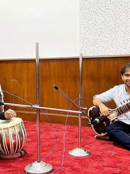Posing with my sitar and my friend Swapnil Bhise on tabla after our successful recording for All India Radio.