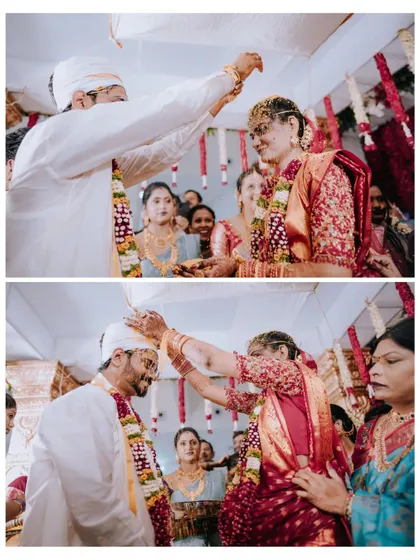 A collage of the Talambralu ritual, where the bride and groom shower each other with rice and pearls, a joyful and significant moment.