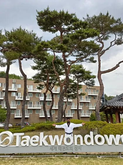 A proud moment at the entrance of the world-renowned Taekwondowon in Muju, South Korea, the global hub for our martial art.