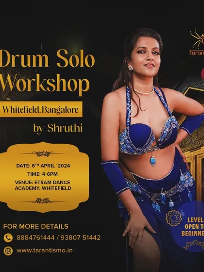 An advertisement for a Drum Solo Bellydance workshop. Our studio is a popular venue for external instructors to host their own specialized dance events.