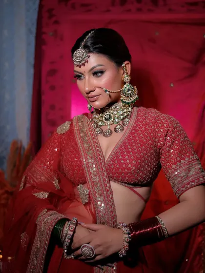 A classic portrait of a bride in a bright red lehenga. The focus is on her stunning green kundan jewellery and the soft expression, captured against a simple red backdrop.