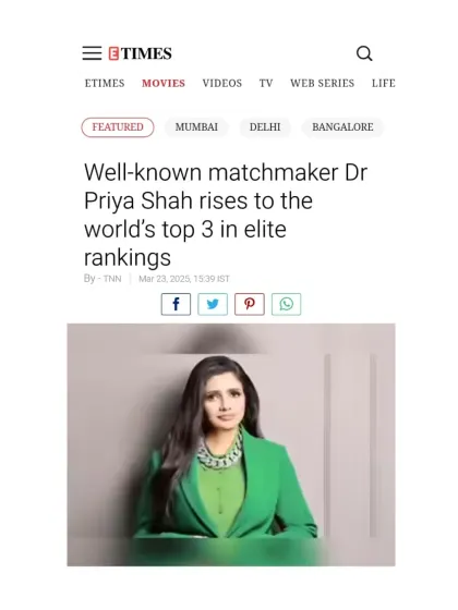 The Times of India, Etimes, and Times Ascent have chronicled my journey extensively, from receiving the Inspiring Entrepreneur Award to being ranked among the world's top 3 elite matchmakers. These articles detail my philosophy of creating 'organic connections' and building a heritage institution for arranged love marriages.