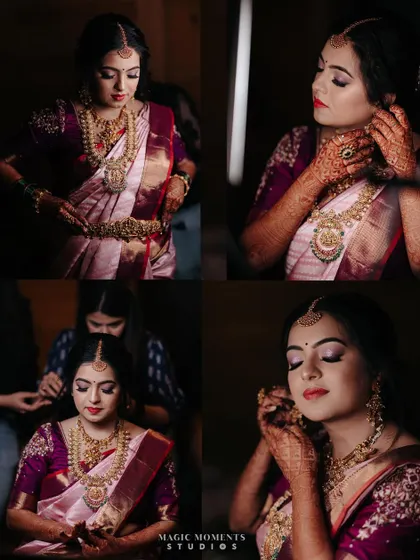 A collage of getting ready shots, capturing the final moments of the bride's transformation, from hair and makeup to putting on her jewelry.