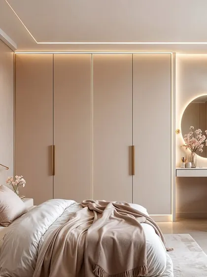 In this Sakura-inspired concept, the wardrobe includes a built-in vanity with a round backlit mirror. The seamless integration and soft, warm lighting create a serene and romantic corner for self-care.