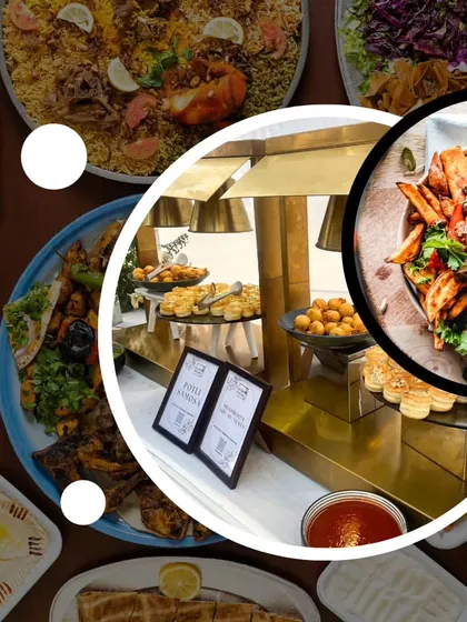A collage showcasing the diversity of our corporate catering menu, from large platters of biryani and grilled items to stylish buffet stations with hot appetizers.