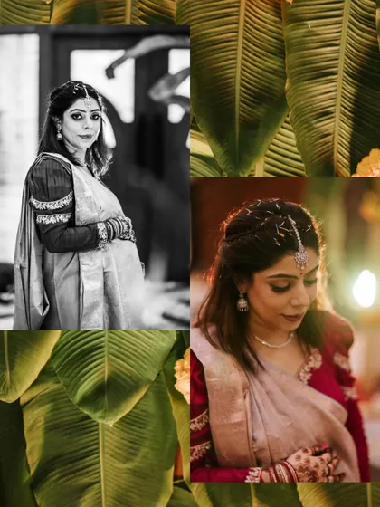 A collage from the Godh Bharai, showing different angles and moments. It combines a classic portrait with details of the beautiful, traditional banana leaf decor.