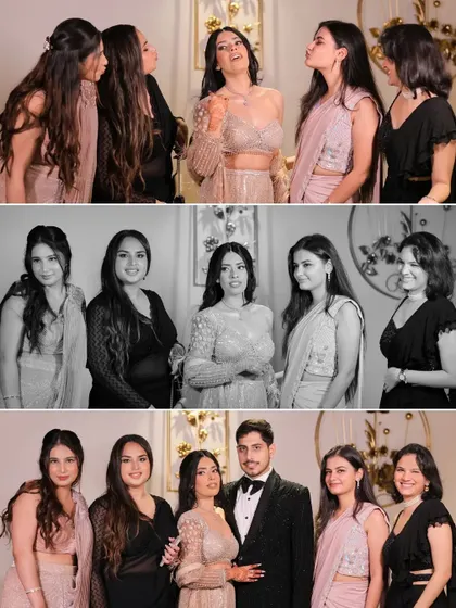 A fun collage of Proumya with her bridesmaids and the happy couple together at their engagement.
