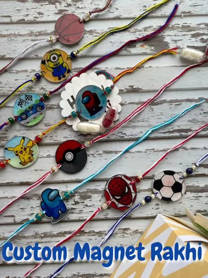 I also make these "Custom Magnet Rakhis" with themes like Pokemon, Spiderman, and Minions. After Rakhi, you can cut the thread and use it as a fridge magnet.