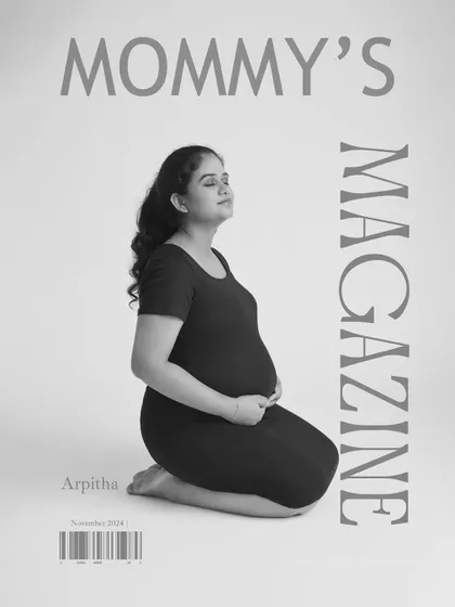 A creative "Mommy's Magazine" cover concept. This fun, personalized black and white portrait is a unique way to celebrate the mother-to-be as the star of her own story.