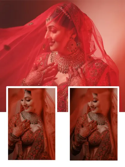 A collage focusing on the bride's gentle expressions, with her red veil flowing around her. The soft lighting and multiple angles create a dreamy and romantic bridal portrait.