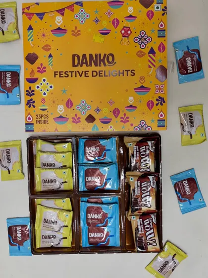 The full 23-piece Danko Festive Delights box laid out. It offers a great variety of flavors, including soft choco brownies and milk choco thins.