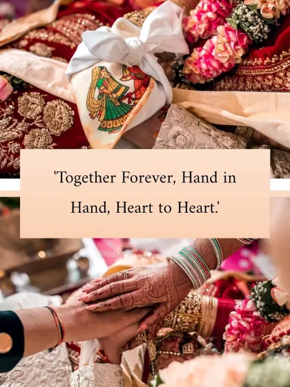 A symbolic collage showing the tying of the wedding knot (gathbandhan) and the joining of hands, representing their eternal bond.