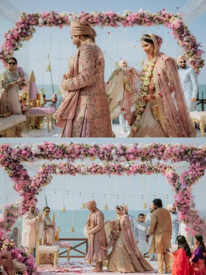 Two perspectives of the pheras, showing the couple circling the sacred fire at their beautiful beachside mandap.