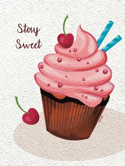 A sweet digital illustration of a pink cupcake with cherries. Paired with the message 'Stay Sweet', this artwork is a cheerful and charming piece.