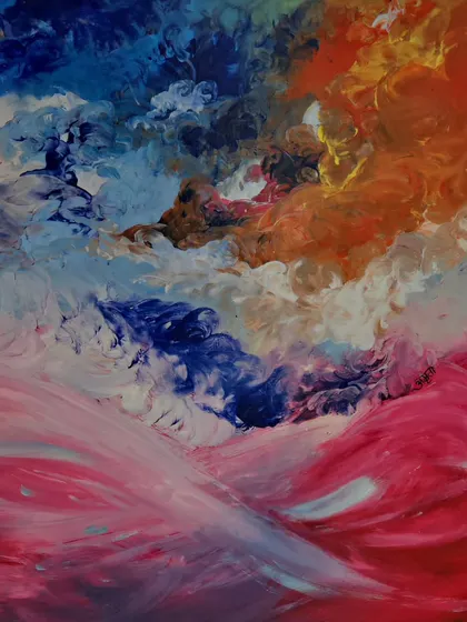 This abstract painting by artist Amrita is a swirl of vibrant colors, representing the dynamic interplay of natural elements. The piece is a testament to her ability to blend light and perspective into a mesmerizing visual.