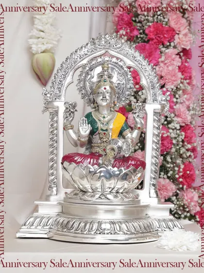 A beautiful silver idol of Goddess Lakshmi, seated on a lotus. This piece, featured in my anniversary sale, is a symbol of prosperity and grace, perfect for inviting blessings into your home during Navratri or Diwali.
