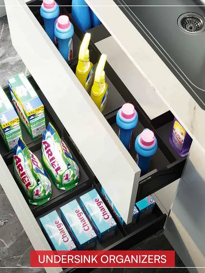 Don't forget the space under the sink. My undersink organizers are designed to neatly store cleaning supplies, keeping them tidy and accessible.