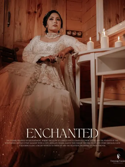 A portrait titled "Enchanted," showing the bride in a white gown in a cozy, candlelit, wood-paneled room.
