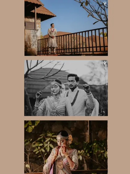 A collage of three portraits, including a striking black and white shot of the couple and individual color portraits, showcasing a mix of styles from a single session in Udaipur.