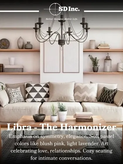 Zodiac interiors for Libra, the harmonizer. A style focused on symmetry and elegance, with soft pastel colors and cozy seating for intimate conversations.