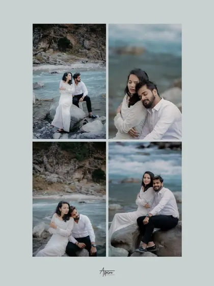 A quad of serene and romantic portraits of Rahul and Priyanka by the river. These images capture quiet, intimate moments of them sitting together and embracing amidst the rocks.