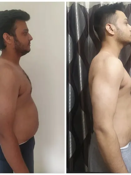 Side view of Karan's 12 kg weight loss, achieved entirely through home workouts.