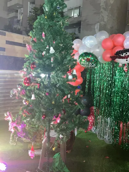 Getting into the festive spirit with Christmas decorations. This setup includes a decorated Christmas tree and a backdrop with a green shimmer curtain and festive balloons.