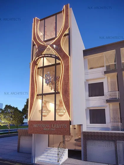 A well-designed building envelope is crucial for both aesthetics and energy efficiency. For this commercial facade, we created a dynamic, curving form with integrated lighting to make the building stand out and showcase the beautiful chandeliers within.