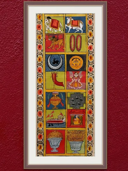 This section of the Jain narrative scroll shows the fourteen auspicious dreams of Queen Trishla. Each symbol, from the elephant to the celestial palace, has deep meaning in Jain tradition, a story I enjoy sharing with collectors.